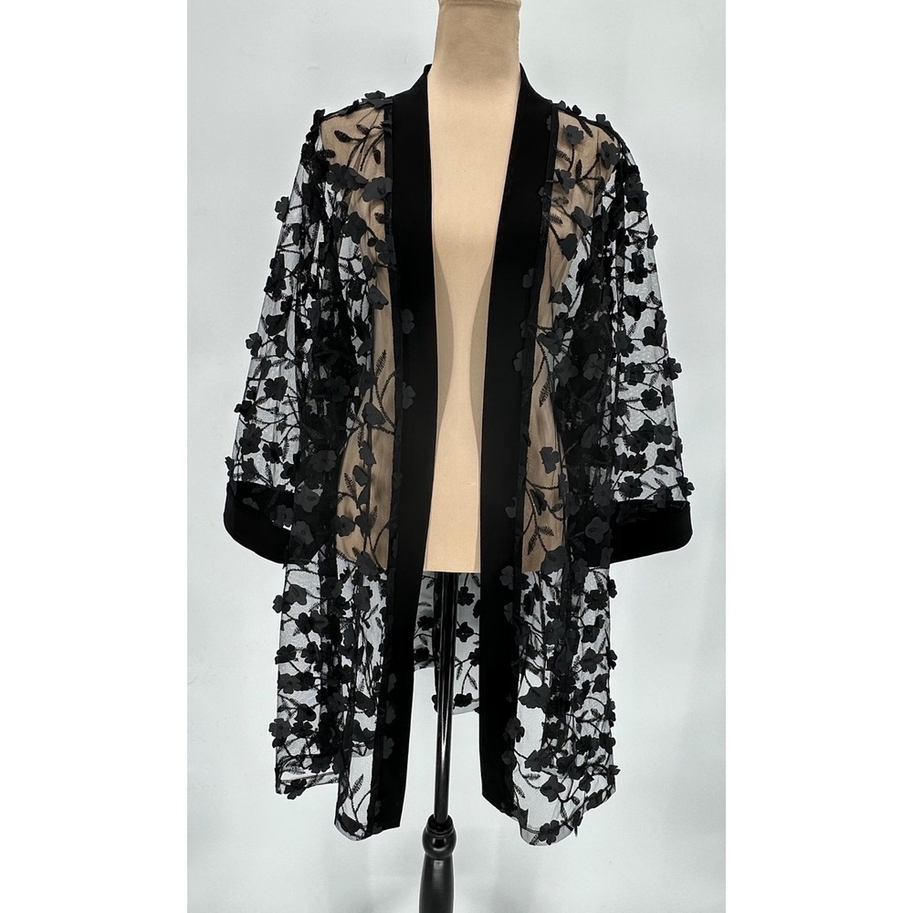 R&M Richards Woman Black Sheer Floral 3D Applique Mesh Kimono Jacket 20W New